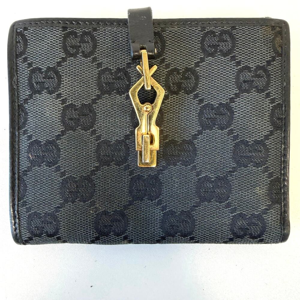Vintage GUCCI Jackie Continental Long Wallet Black GG Canvas Leather Piston Lock